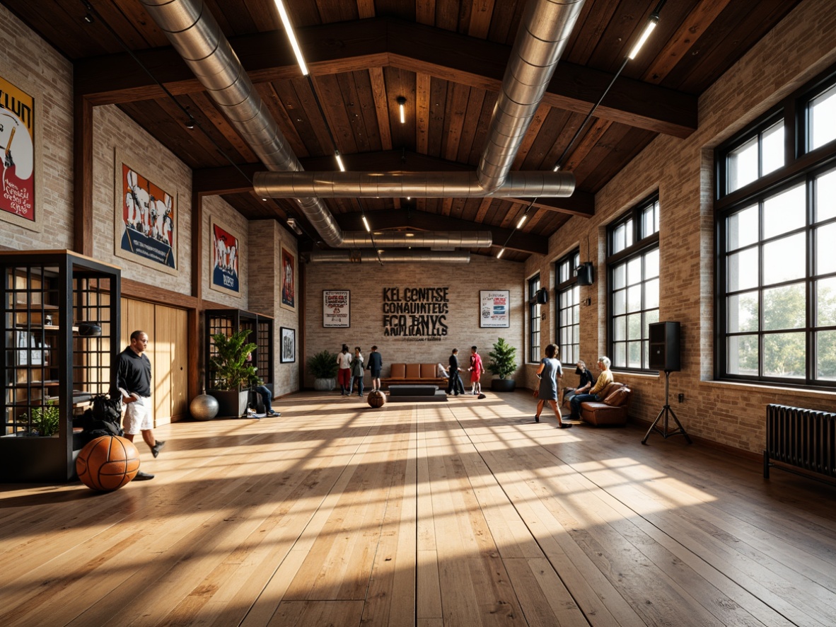 Prompt: Rustic gymnasium interior, wooden flooring, distressed textures, athletic equipment, sports-inspired murals, industrial metal beams, exposed ductwork, natural stone walls, motivational quotes, modern LED lighting, warm color tones, shallow depth of field, 1/2 composition, realistic reflections, ambient occlusion, dynamic shadows.