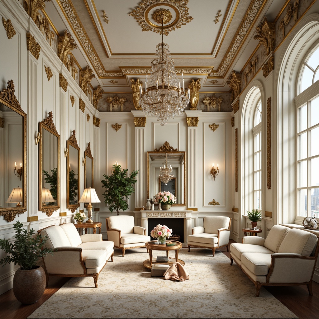 Prompt: Richly ornamented interior, lavish furnishings, soft creamy whites, warm beige tones, pale blues, muted gold accents, intricate carvings, ornate mirrors, delicate florals, velvet fabrics, luxurious drapery, crystal chandeliers, subtle Rococo patterns, elegant curves, refined details, opulent textures, majestic atmosphere, golden lighting, shallow depth of field, 1/1 composition, realistic reflections.