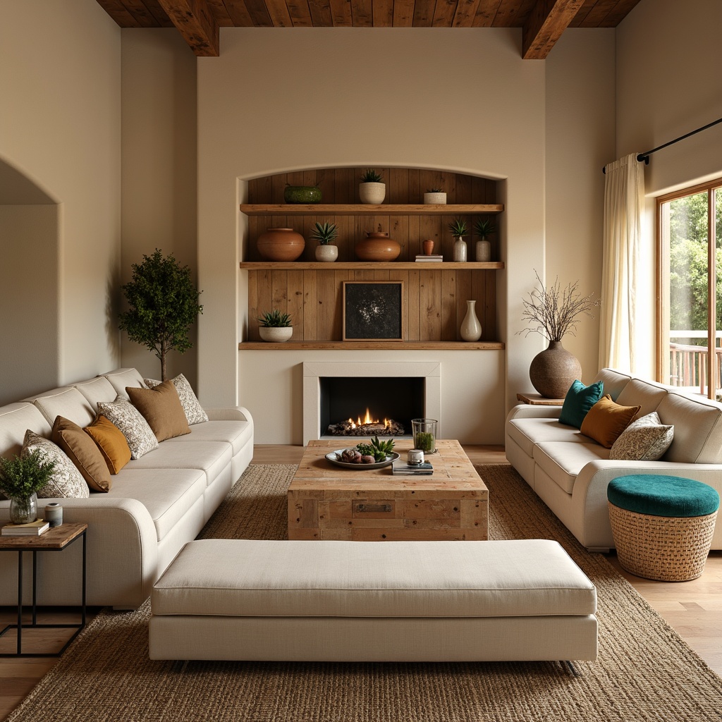 Prompt: Cozy family room, warm beige walls, plush sectional sofas, natural wood coffee tables, soft cream-colored carpets, vibrant turquoise accents, earthy terracotta vases, rustic wooden shelves, intimate warm lighting, 1/2 composition, shallow depth of field, realistic textures.