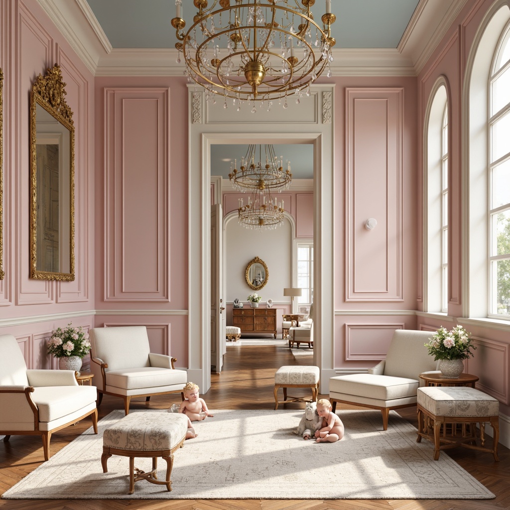 Prompt: Pastel pink walls, soft cream accents, ornate gold frames, delicate florals, playful cherub figurines, velvet upholstery, tufted ottomans, intricate mirrors, whimsical chandeliers, pale blue ceiling, creamy white furniture, gentle warm lighting, shallow depth of field, 1/1 composition, realistic textures, ambient occlusion.Note