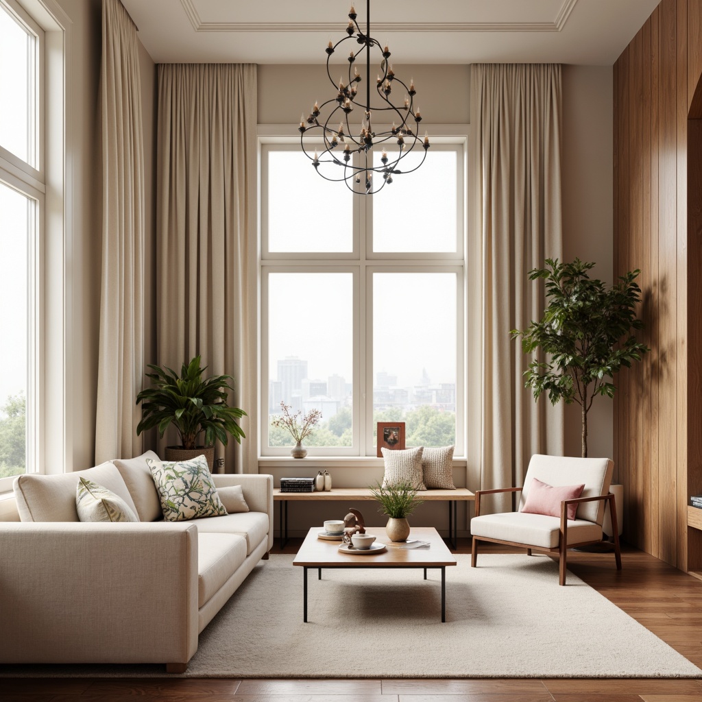 Prompt: Soft apartment ambiance, calming color scheme, warm beige walls, rich wood accents, plush carpeting, velvety sofas, modern minimalist decor, large windows, natural light, airy feel, pastel hues, creamy whites, soft pinks, gentle blues, earthy tones, botanical prints, elegant chandeliers, metallic accents, cozy reading nook, floor-to-ceiling curtains, warm textiles, inviting atmosphere, serene ambiance, 1/1 composition, softbox lighting, realistic textures, ambient occlusion.