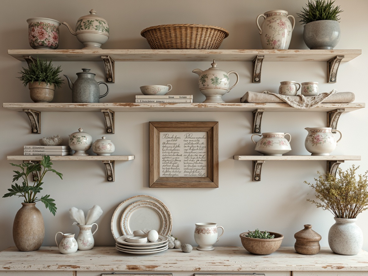 Prompt: Distressed wooden shelves, soft pastel hues, vintage metal brackets, ornate carvings, antique glass knobs, rustic wood planks, whitewashed finishes, lace draping, flower-patterned ceramics, distressed finish, soft warm lighting, shallow depth of field, 1/2 composition, panoramic view, realistic textures, ambient occlusion.