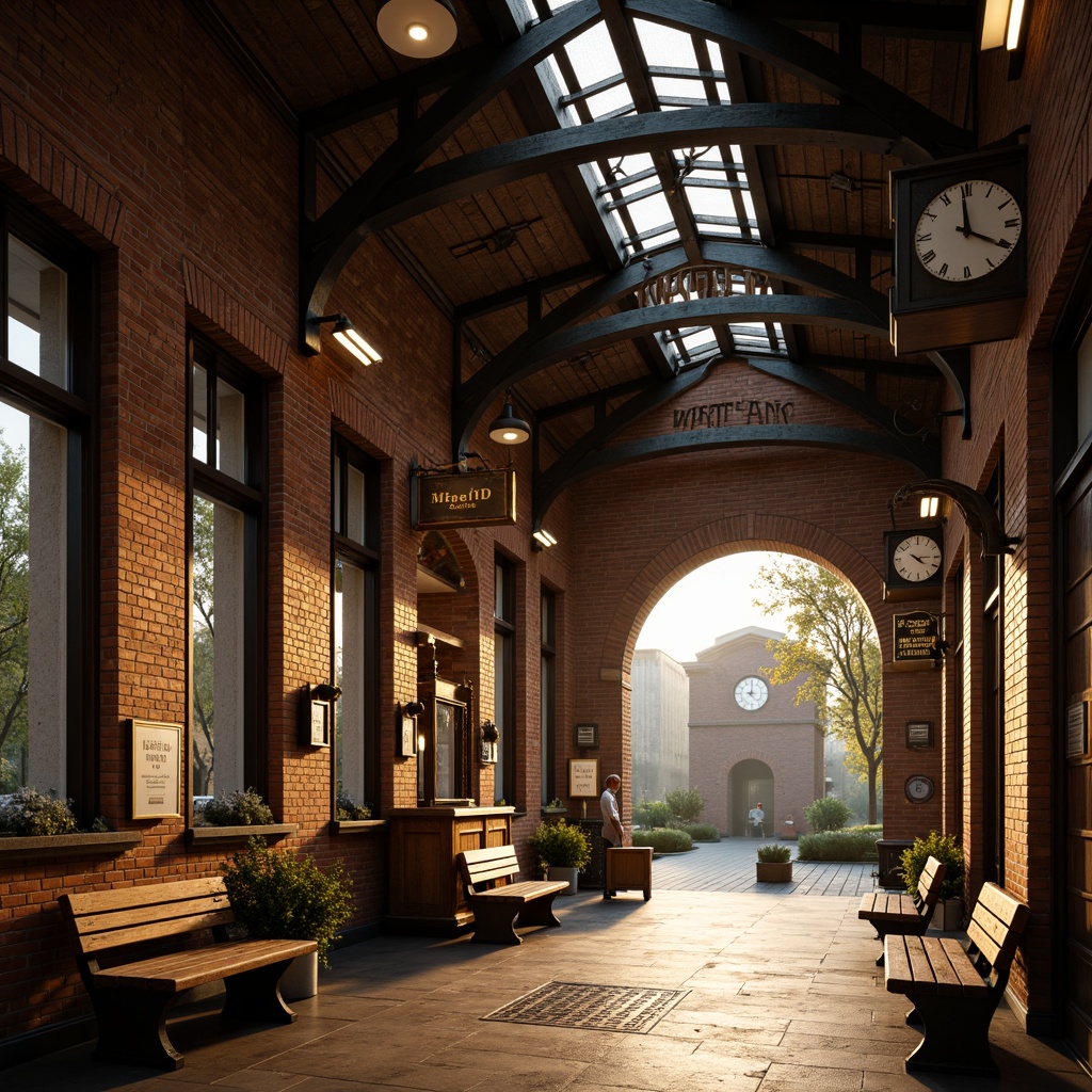 Prompt: Rustic train station, vintage railway architecture, distressed brick walls, ornate metalwork, classic clock towers, nostalgic signage, antique lanterns, wooden benches, retro-style advertisements, historic route maps, warm golden lighting, shallow depth of field, 1/1 composition, realistic textures, ambient occlusion.