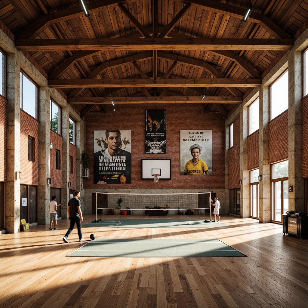 Prompt: Rustic gymnasium interior, wooden beam ceiling, exposed brick walls, vintage athletic equipment, distressed metal accents, reclaimed wood flooring, earthy color palette, natural stone columns, arched windows, high ceilings, spacious open areas, dynamic angular lines, modern minimalist lighting, suspended running tracks, basketball courts, volleyball nets, sports-themed murals, motivational quotes, eclectic mix of textures, warm softbox lighting, shallow depth of field, 1/2 composition, realistic render.