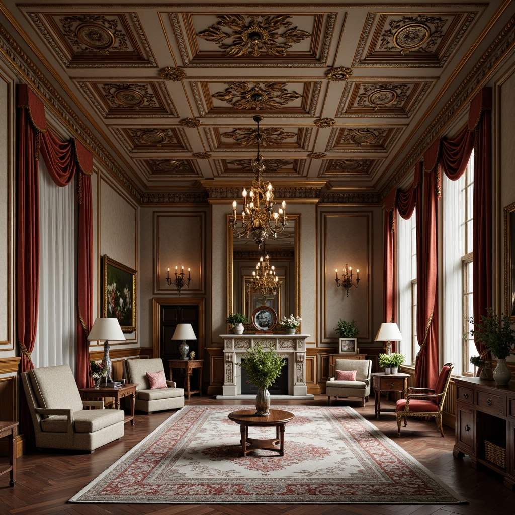 Prompt: Intricate moldings, ornate cornices, luxurious fabrics, velvet drapes, gilded frames, carved wooden panels, decorative ceiling medallions, crystal chandeliers, plush area rugs, antique furniture pieces, distressed finishes, vintage accessories, rustic metalwork, natural stone flooring, warm ambient lighting, soft focus, shallow depth of field, 1/2 composition.