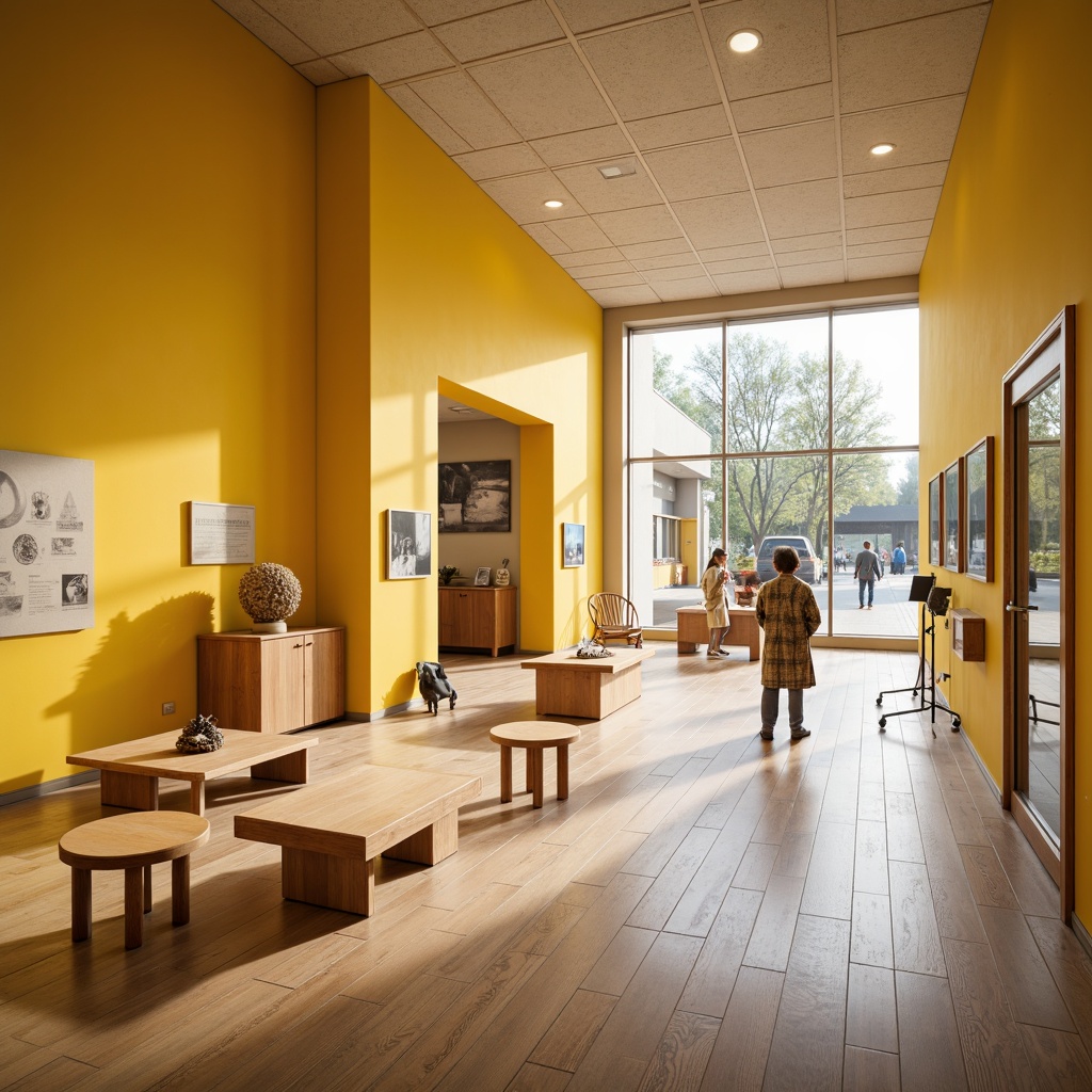 Prompt: Bright Scandinavian museum interior, yellow accent walls, natural wood floors, minimalist design, Nordic-inspired furniture, soft warm lighting, shallow depth of field, 1/1 composition, realistic textures, ambient occlusion, cultural artifacts on display, interactive exhibits, educational signs, neutral color palette, calm atmosphere, plenty of natural light, large windows, glass doors, subtle patterns, minimal ornamentation.