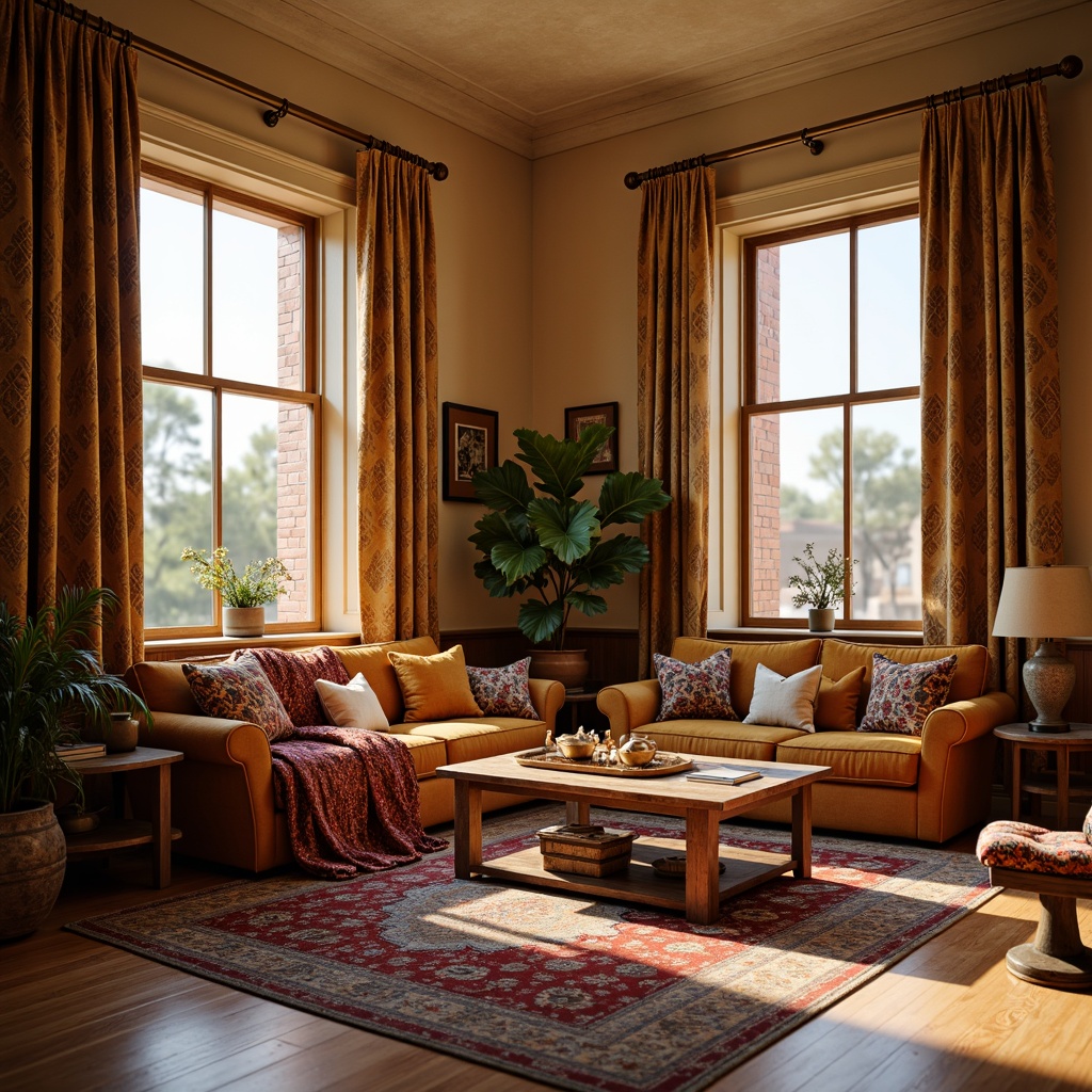 Prompt: Cozy living room, plush throw blankets, soft velvet sofas, warm beige walls, wooden flooring, rustic coffee tables, comfortable sectionals, vibrant colorful pillows, intricate geometric patterns, luxurious silk drapes, natural light pouring in, warm golden lighting, shallow depth of field, 1/1 composition, realistic textures, ambient occlusion.