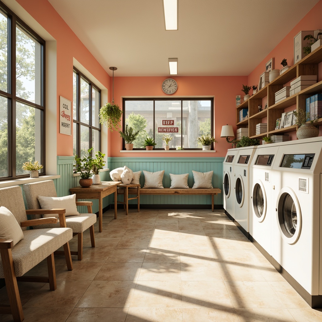 Prompt: Whimsical laundromat, pastel hues, soft peach walls, creamy white machines, powder blue accents, warm beige floors, distressed wood shelving, vintage metal signs, natural linen textures, cozy reading nooks, sunny afternoon light, shallow depth of field, 1/2 composition, relaxed atmosphere, realistic fabrics, ambient occlusion.