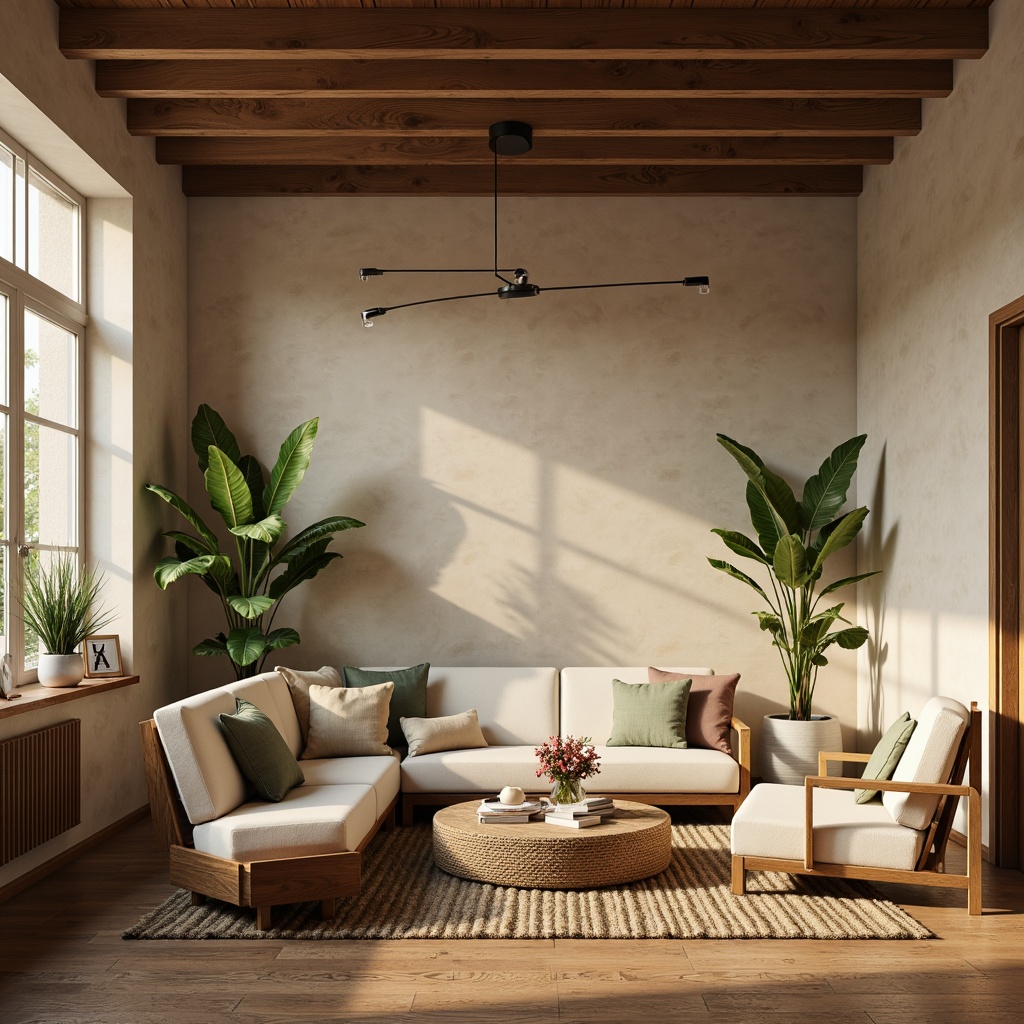 Prompt: Cozy living room, warm beige walls, rich walnut wood furniture, plush cream-colored sofa, soft sage green accents, natural jute rug, industrial metal lighting, minimalist decor, calming atmosphere, warm golden hour lighting, shallow depth of field, 1/1 composition, realistic textures, ambient occlusion.