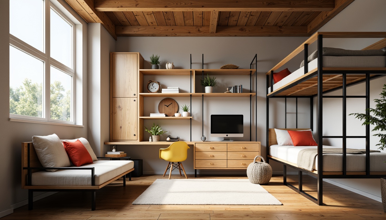 Prompt: Minimalist dorm room, functional furniture, tubular steel frames, leather straps, geometric shapes, primary color accents, industrial materials, wooden flooring, neutral tones, angular lines, modular shelving units, minimalist decor, task lighting, warm natural light, 1/1 composition, shallow depth of field, realistic textures, ambient occlusion.