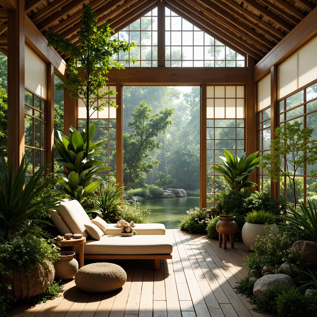 Prompt: Serene Asian-style sunroom, lush greenery, tropical plants, natural bamboo furniture, sliding shoji screens, paper lanterns, warm wood accents, earthy tones, vibrant flowering plants, delicate bonsai trees, tranquil water features, soft misting systems, abundant natural light, shallow depth of field, 1/1 composition, intimate atmosphere, realistic textures, ambient occlusion.