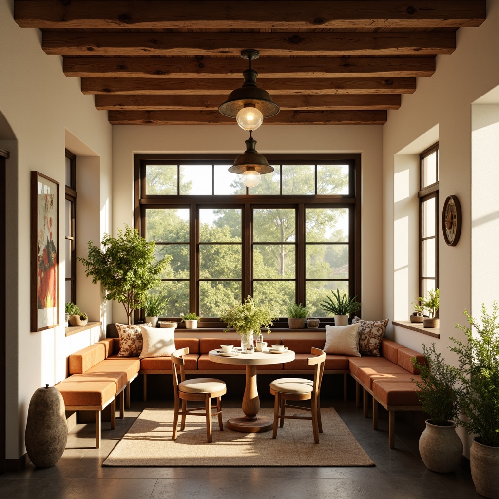 Prompt: Cozy breakfast nook, warm wooden tones, soft cream-colored walls, rich brown furniture, plush cushions, vintage-inspired lighting fixtures, elegant metal shades, warm white glass pendant lights, rustic wooden ceiling beams, natural stone flooring, farmhouse-style decor, lush greenery, sunny morning light, soft warm glow, shallow depth of field, 1/1 composition, realistic textures.