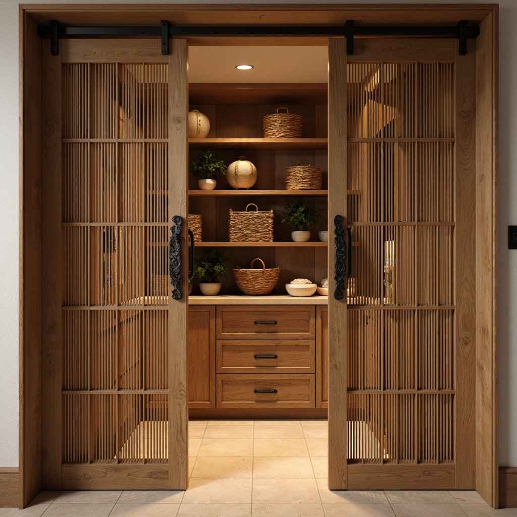 Prompt: Asian-inspired pantry, natural wood tones, sliding doors, ornate metal hardware, intricately carved wooden shelves, minimalist design, ample storage space, woven bamboo baskets, ceramic containers, rice paper lanterns, warm soft lighting, shallow depth of field, 1/1 composition, realistic textures, ambient occlusion.