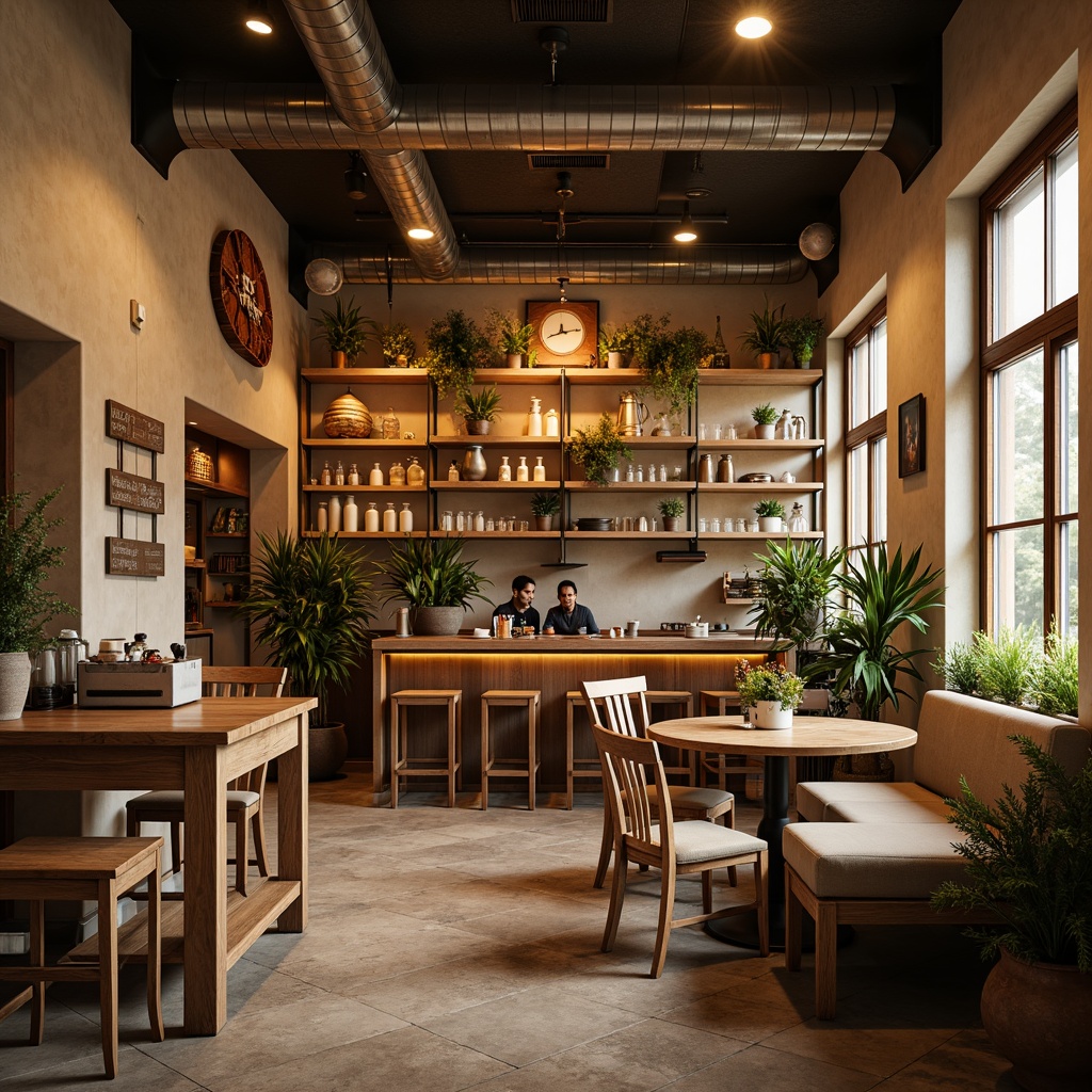 Prompt: Cozy coffee shop, warm beige walls, rich wood accents, comfortable seating areas, vintage industrial decor, earthy tone color scheme, natural stone flooring, aromatic scents, soft warm lighting, 1/2 composition, shallow depth of field, realistic textures, ambient occlusion.