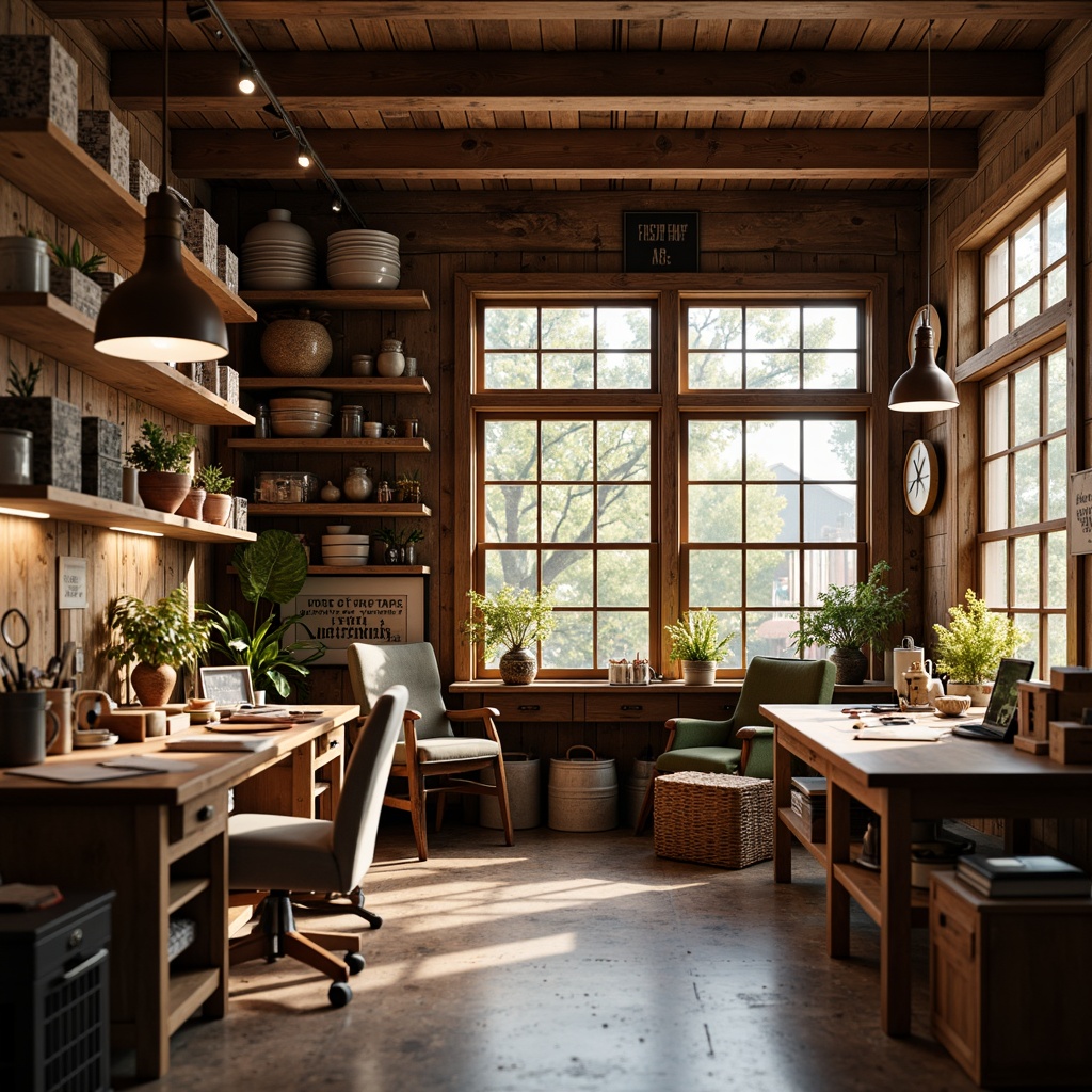 Prompt: Cozy craft room, wooden workbenches, ample storage, task-oriented lighting, pendant lamps, under-cabinet lights, natural daylight, soft warm glow, earthy tones, functional decor, rustic wooden accents, woven baskets, organized tools, inspirational quotes, comfortable seating areas, flexible track lighting, 3/4 composition, shallow depth of field, realistic textures.