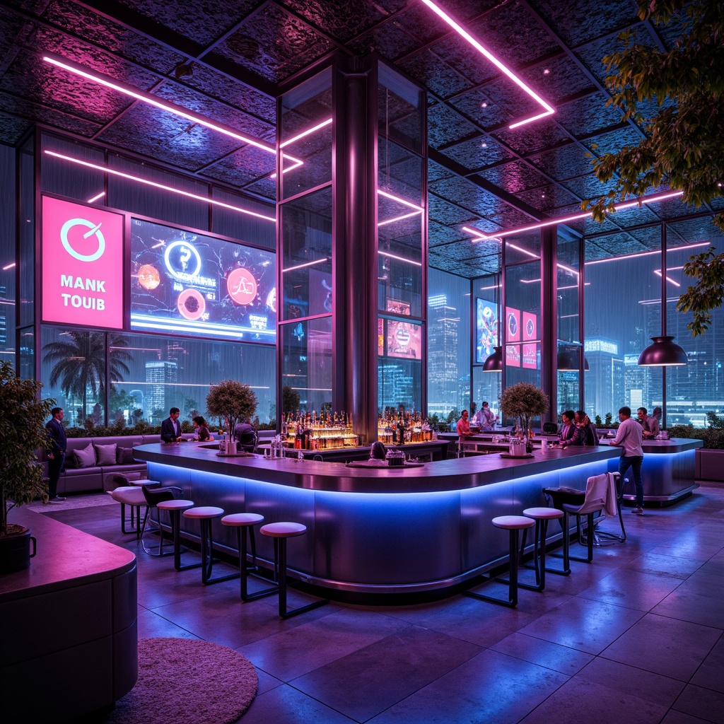 Prompt: Futuristic neon-lit bar, sleek metallic countertops, holographic displays, cyberpunk-inspired ambiance, dimmable LED lights, color-changing ceiling installations, geometric-shaped pendant lamps, translucent glass shelves, mirror-finish stainless steel, high-gloss flooring, urban cityscape views, rainy night atmosphere, moody dramatic lighting, shallow depth of field, 1/2 composition, cinematic rendering, advanced materials, reflective surfaces.