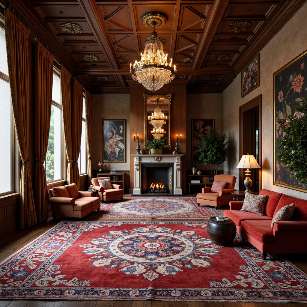 Prompt: Richly patterned rugs, luxurious velvet fabrics, intricately carved wooden furniture, ornate metal fixtures, vibrant colorful tiles, statement lighting fixtures, lavish drapery, eclectic decorative accents, bold architectural details, opulent crystal chandeliers, sumptuous upholstery, refined antique pieces, distressed finishes, rustic natural textures, warm ambient lighting, 1/1 composition, shallow depth of field, realistic reflections.