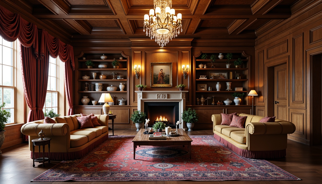 Prompt: Elegant traditional living room, ornate wooden furniture, intricately patterned rugs, luxurious velvet drapes, crystal chandeliers, vintage decorative accents, antique display cabinets, refined glass shelves, exquisite porcelain vases, richly toned wood paneling, soft warm lighting, 1/2 composition, intimate atmosphere, realistic textures, subtle ambient occlusion.