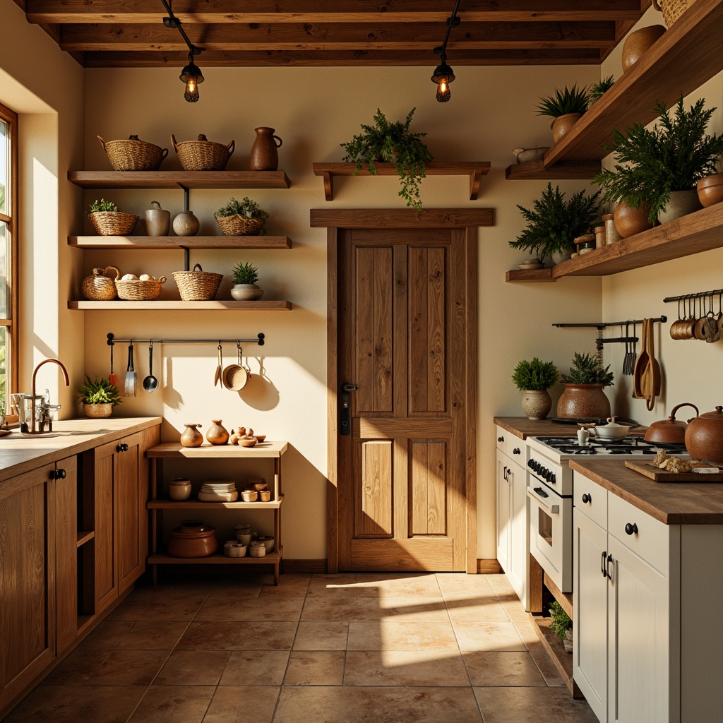 Prompt: Cozy pantry interior, warm beige walls, rich wood cabinetry, creamy white countertops, soft golden lighting, rustic metal accents, woven baskets, vintage cooking utensils, earthy terracotta pots, fresh green herbs, warm neutral tones, 1/1 composition, shallow depth of field, realistic textures, ambient occlusion.