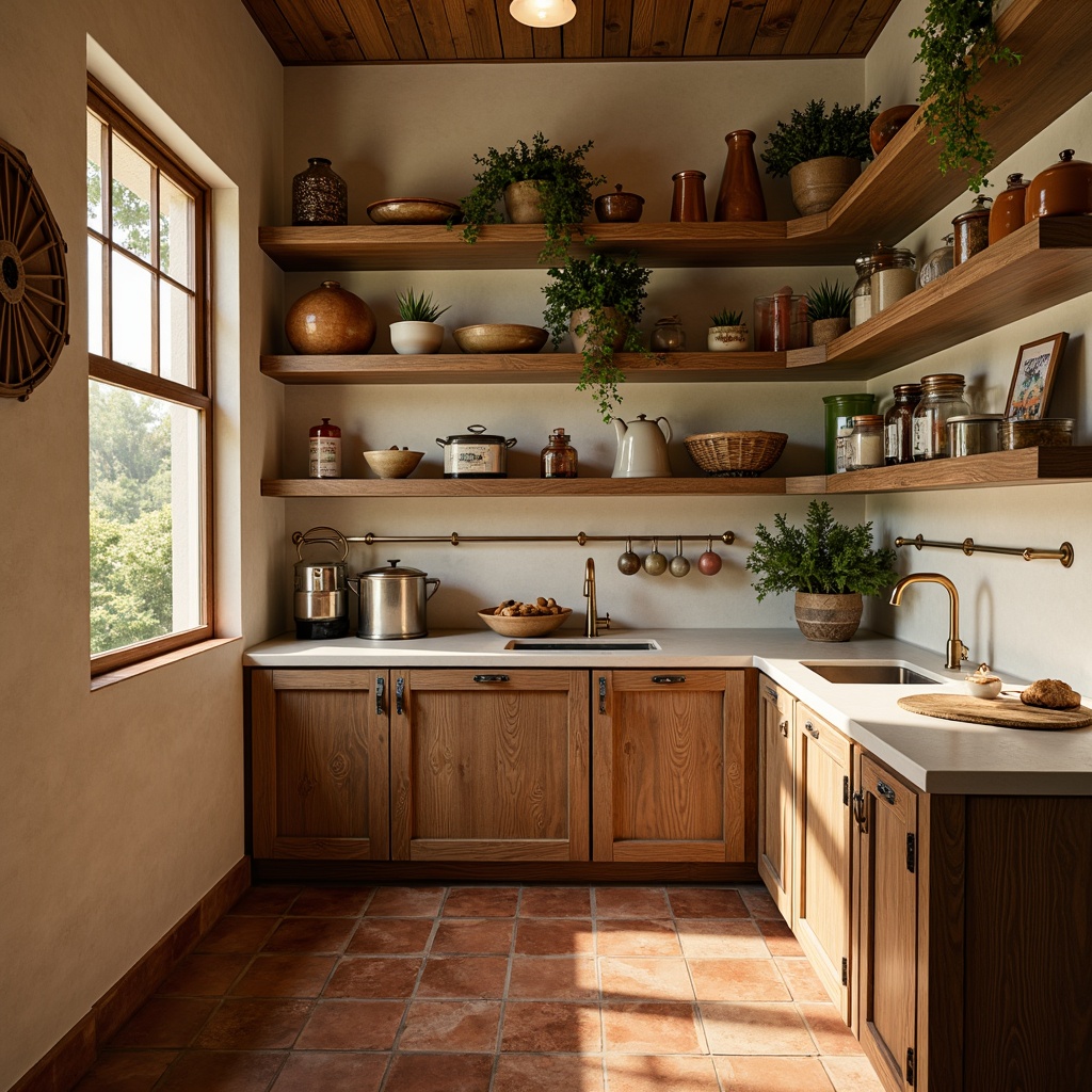 Prompt: Warm kitchen pantry, natural wood shelving, earthy terracotta flooring, rustic metal accents, vintage ceramic jars, warm golden lighting, soft beige walls, creamy white countertops, rich walnut cabinetry, decorative copper hardware, artisanal food packaging, lively greenery, fresh herbs, subtle texture overlay, 1/1 composition, soft focus, cozy atmosphere, inviting color scheme.