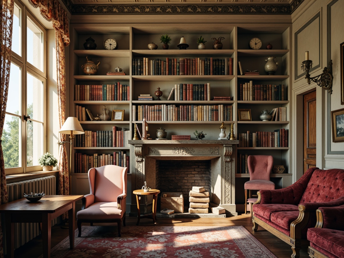 Prompt: Vintage bookshelves, distressed wood, soft pastel colors, floral patterns, lace curtains, rustic wooden tables, velvet armchairs, ornate metal lamps, antique clock displays, worn leather sofas, decorative vintage books, aged paper textures, warm candlelight, 1/1 composition, shallow depth of field, realistic shadows, ambient occlusion.