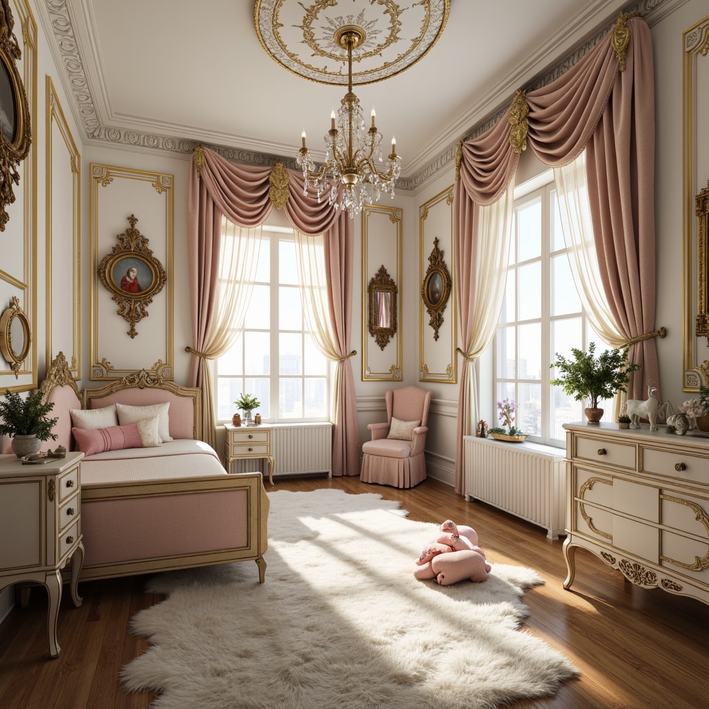 Prompt: Lavish kids' bedroom, ornate Rococo style, creamy white walls, gold leaf accents, delicate florals, soft pastel colors, intricately carved furniture, plush velvet fabrics, sparkling crystal chandeliers, antique wooden frames, fluffy area rugs, vintage toys, distressed finishes, warm candlelight, shallow depth of field, 1/1 composition, realistic textures, ambient occlusion.