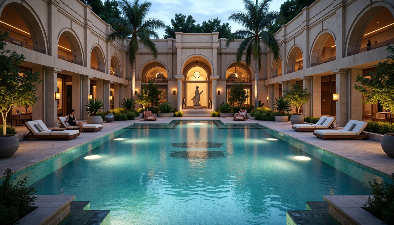 Prompt: Grandiose swimming pool, ornate stone carvings, elegant archways, symmetrical columns, lavish water features, majestic statues, refined mosaics, subtle LED lighting, crystal-clear waters, tranquil ambiance, serene atmosphere, luxurious lounge chairs, plush sunbeds, natural stone decking, sophisticated fountain systems, precise geometric patterns, soft warm glow, 1/2 composition, shallow depth of field, realistic reflections.