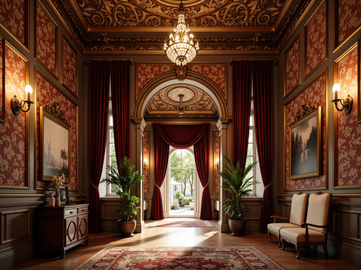 Prompt: Ornate Victorian-style entrance, intricately patterned wallpaper, richly textured velvet drapes, golden picture frame molding, ornamental ceiling medallions, crystal chandeliers, polished wooden floors, luxurious area rugs, elegant archways, statement walls with bold stripes, soft warm lighting, 1/1 composition, realistic textures, ambient occlusion.