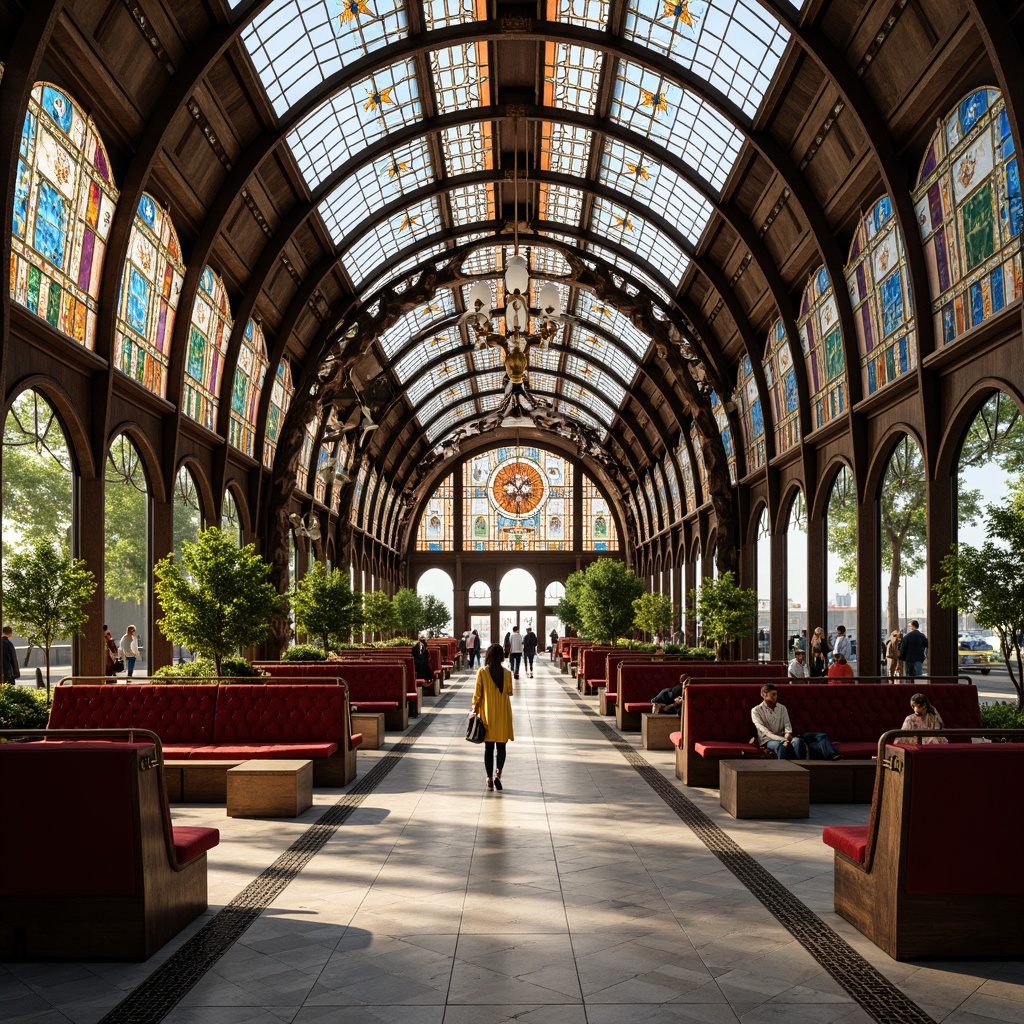 Prompt: Intricate bus station, ornate metal framework, flowing organic lines, sinuous curves, stained glass windows, vibrant colorful tiles, natural stone flooring, elegant wooden benches, intricate carvings, luxurious velvet upholstery, bronze accents, grand chandelier, high ceilings, sweeping arches, lush greenery, soft warm lighting, shallow depth of field, 3/4 composition, realistic textures, ambient occlusion.