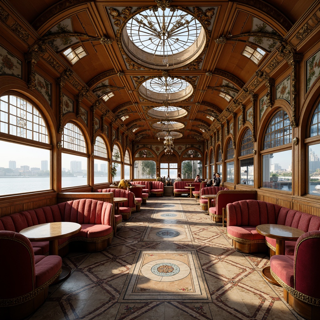 Prompt: Intricate Art Nouveau bus station, ornate metalwork, flowing organic lines, sinuous curves, luxurious textiles, velvet upholstery, intricate embroidery, beaded trimmings, stained glass windows, mosaic floors, natural stone walls, grand chandeliers, soft warm lighting, shallow depth of field, 3/4 composition, panoramic view, realistic textures, ambient occlusion.