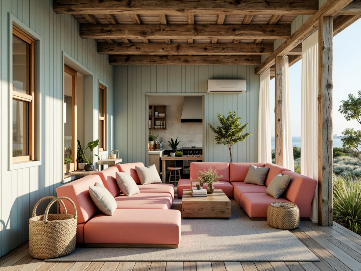 Prompt: Soothing coastal cottage, weathered wooden facade, driftwood accents, sea salt-weathered roof tiles, ocean-inspired blue-green color scheme, calming sandy beige walls, crisp white trim, nautical rope details, seaside-inspired furniture, plush coral-hued upholstery, natural linen fabrics, distressed wood flooring, beachy textures, warm golden lighting, soft focus, 1/1 composition, intimate atmosphere, inviting ambiance.