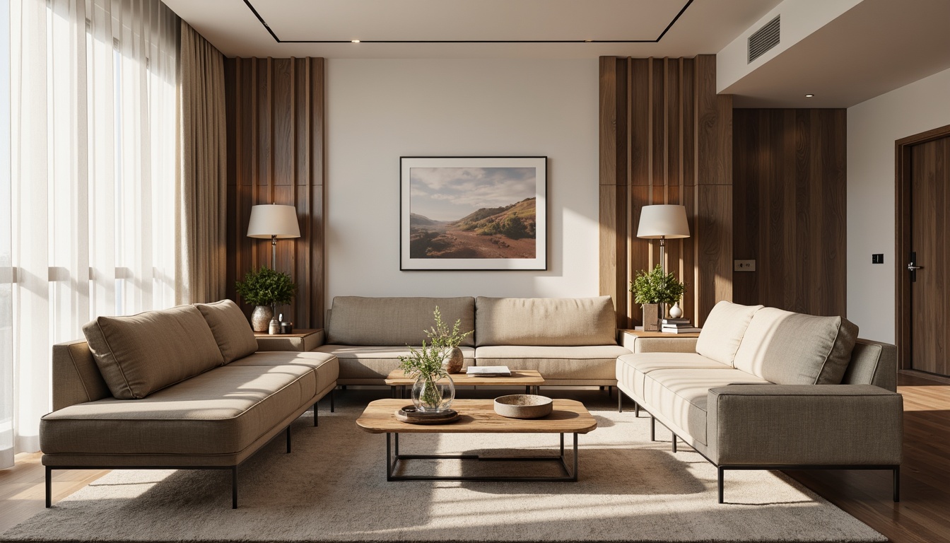 Prompt: Elegant living room, neutral color palette, comfortable velvet sofas, wooden coffee tables, metallic accents, minimalist decor, natural textiles, subtle patterns, refined lines, soft warm lighting, 1/1 composition, realistic wood grain textures, ambient occlusion.