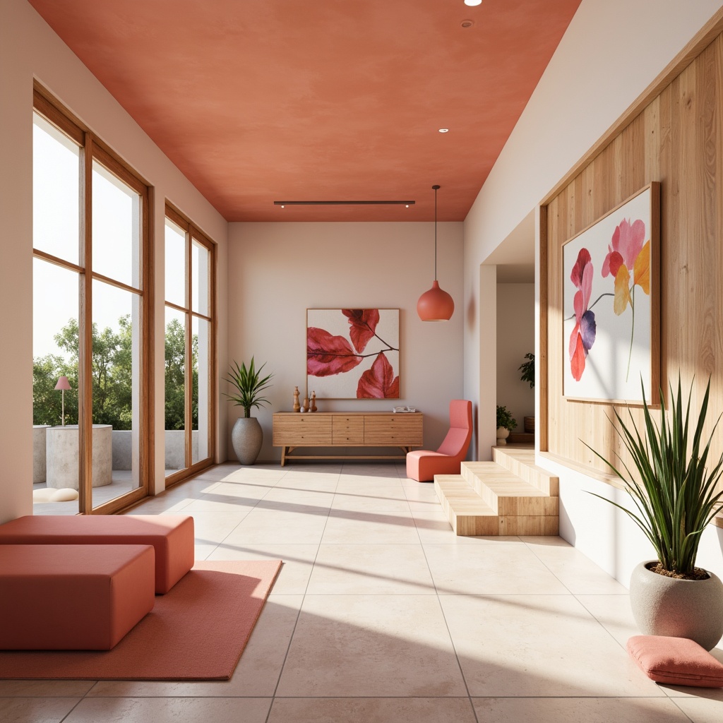 Prompt: Vibrant design studio, modern minimalism, pastel color scheme, soft peach tones, creamy whites, rich charcoal accents, bold coral highlights, natural wood textures, sleek metallic finishes, subtle gradient effects, warm atmospheric lighting, shallow depth of field, 1/1 composition, realistic renderings, ambient occlusion.