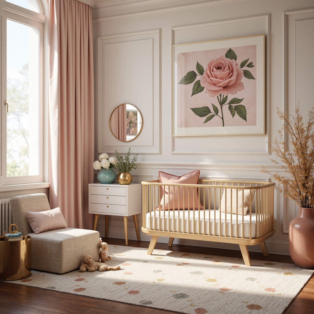 Prompt: Pastel pink accents, creamy whites, soft peach hues, gentle turquoise touches, luxurious gold details, ornate geometric patterns, elegant curved lines, rich wood tones, plush velvet textures, sophisticated metallic accents, soft warm lighting, shallow depth of field, 3/4 composition, intimate cozy atmosphere, serene nursery setting, delicate florals, vintage-inspired decorative elements.