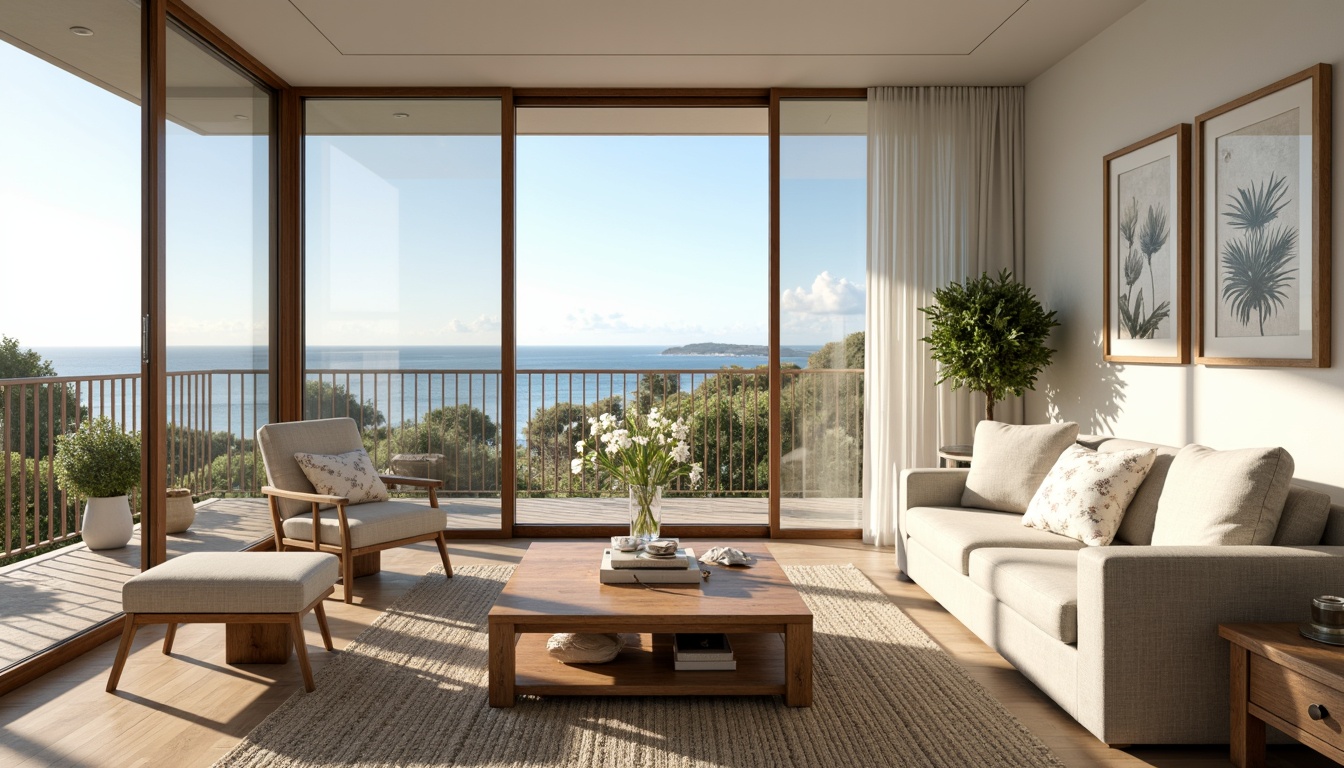 Prompt: Coastal living room, large windows, sliding glass doors, ocean views, natural light pouring in, soft warm glow, airy atmosphere, beachy vibe, driftwood furniture, woven sea grass rugs, calming color palette, creamy whites, blues and sandy neutrals, textured linen upholstery, nautical accents, coral patterns, shell decorations, ocean-inspired artwork, minimal ornamentation, emphasis on nature, 1/1 composition, shallow depth of field, realistic textures, ambient occlusion.