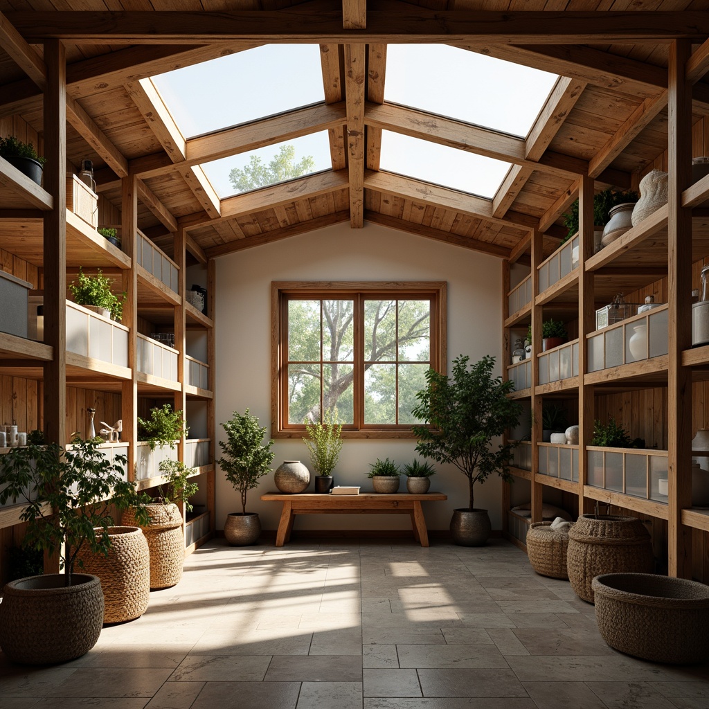 Prompt: Cozy storage room, rustic wooden shelves, transparent plastic bins, metal racks, soft warm lighting, clerestory windows, skylights, frosted glass doors, minimalist decor, neutral color palette, natural stone flooring, woven baskets, ambient shadows, gentle reflections, shallow depth of field, 1/1 composition, realistic textures.