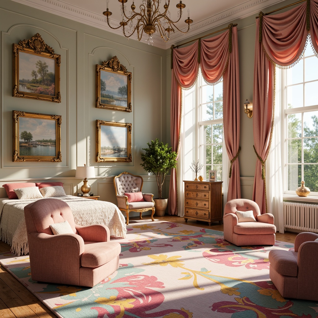 Prompt: Whimsical kids' room, Rococo style furniture, ornate golden frames, plush velvet fabrics, soft pastel colors, intricate floral patterns, delicate lace trimmings, tufted upholstery, crystal chandeliers, luxurious silk drapes, rich wood accents, playful kid-sized chairs, vibrant colorful rugs, sunny afternoon lighting, shallow depth of field, 1/1 composition, realistic textures, ambient occlusion.