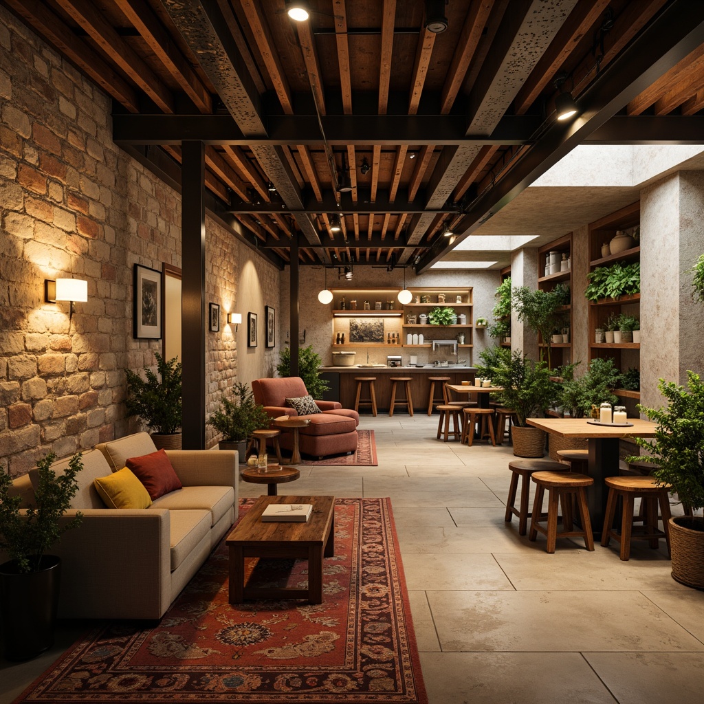 Prompt: Cozy basement, warm earthy tones, rich wood accents, soft creamy whites, calming blues, muted greens, industrial metal beams, exposed brick walls, comfortable seating areas, rustic wooden furniture, vintage decorative items, dimmable warm lighting, atmospheric shadows, 1/2 composition, shallow depth of field, realistic textures.