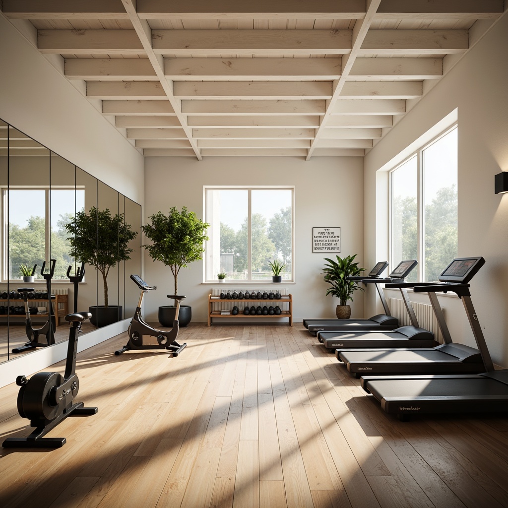 Prompt: Minimalist home gym, Scandinavian wooden floors, neutral color palette, natural light pouring in, large windows, modern fitness equipment, sleek treadmills, stationary bikes, adjustable dumbbells, compact kettlebells, mirrored walls, motivational quotes, green plants, calming ambiance, soft warm lighting, shallow depth of field, 3/4 composition, realistic textures, ambient occlusion.