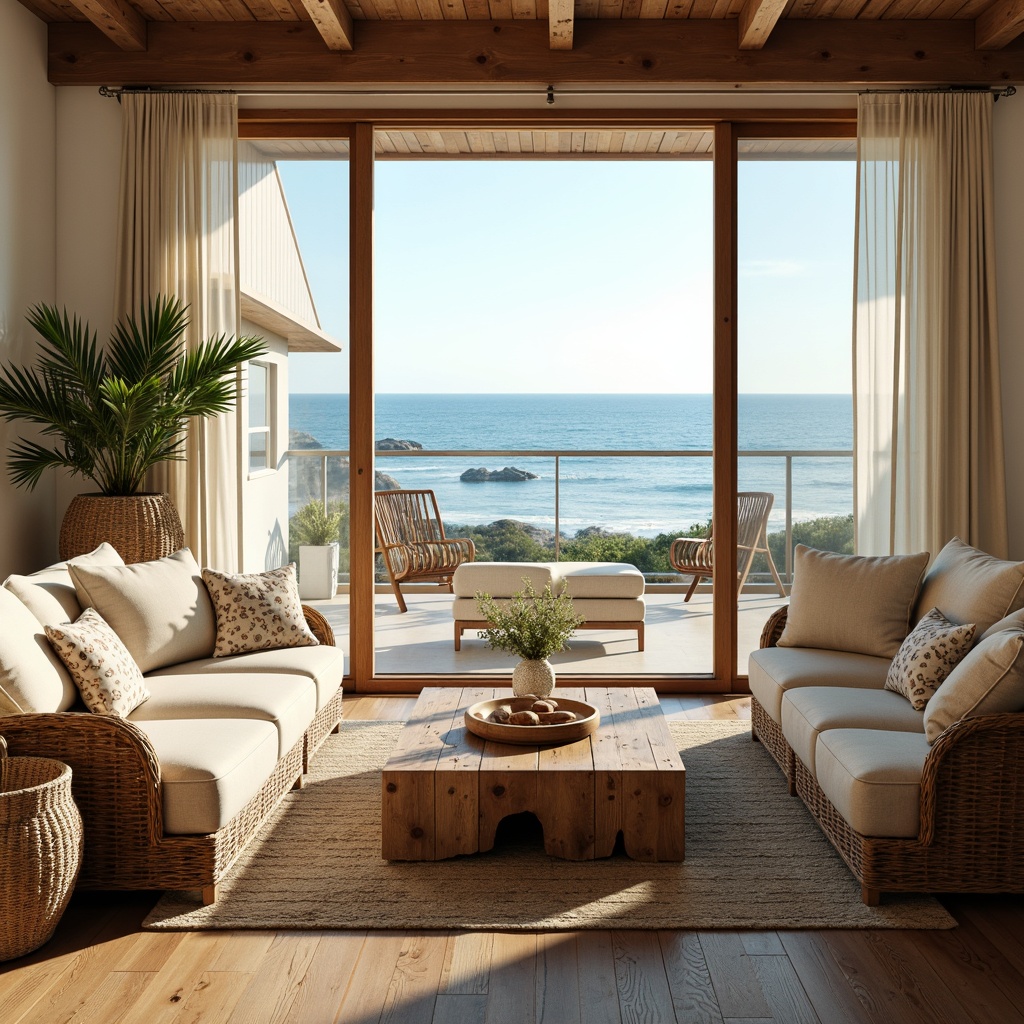 Prompt: Cozy coastal nook, plush sofas, driftwood coffee tables, woven wicker armchairs, nautical rope details, soft sandy beige upholstery, calming ocean views, large windows, sliding glass doors, natural textiles, woven sea grass baskets, coral-inspired patterns, warm sunny day, gentle sea breeze, soft warm lighting, shallow depth of field, 1/1 composition, realistic wood textures, ambient occlusion.