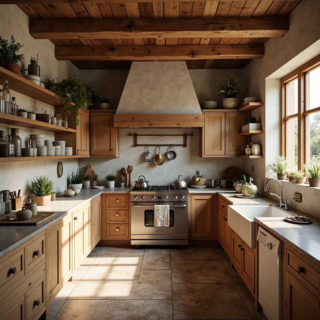 Prompt: Rustic kitchen, natural stone flooring, earthy tones, wooden beams, vintage appliances, warm ambient lighting, cozy atmosphere, farmhouse sink, wooden cabinets, distressed finishes, woven textiles, botanical patterns, soft pastel colors, morning sunlight, shallow depth of field, 1/1 composition, realistic textures, ambient occlusion.