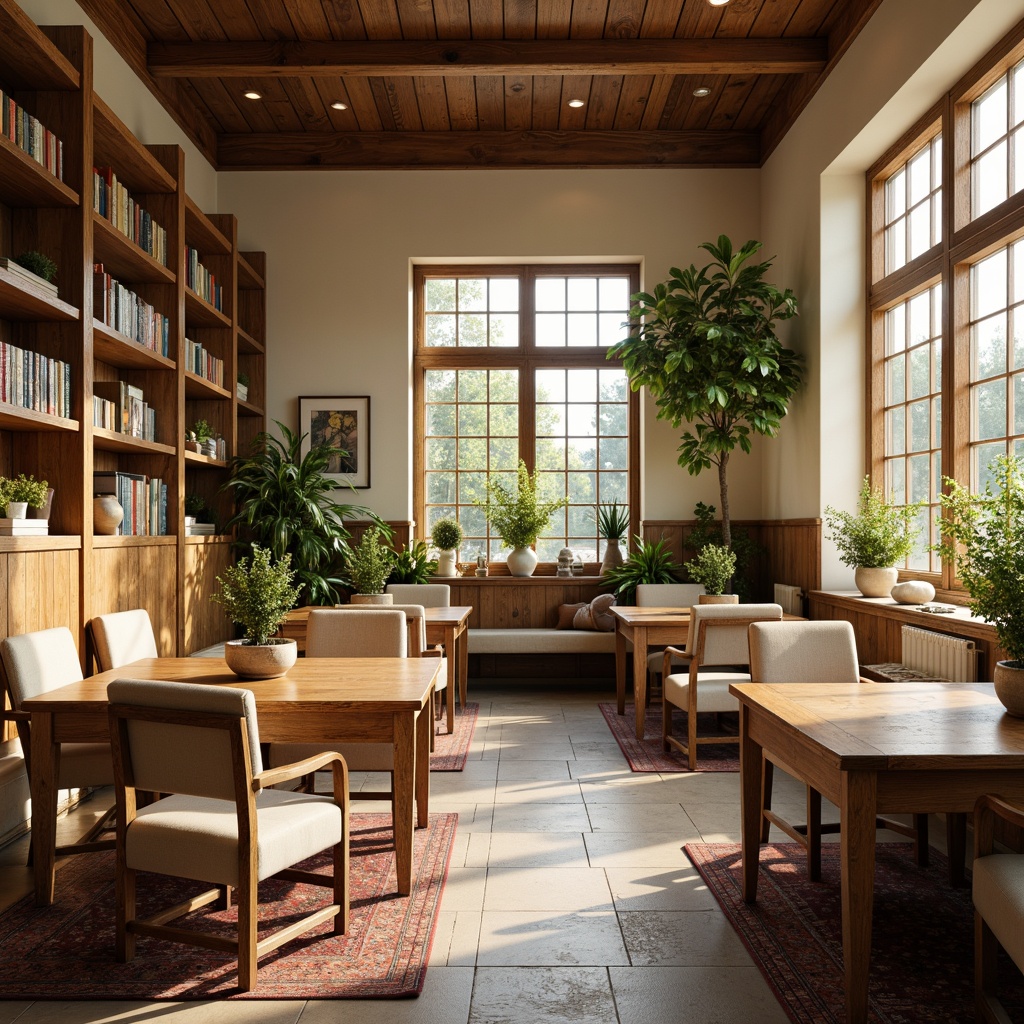 Prompt: Cozy breakfast nook, wooden tables, comfortable cushioned chairs, warm beige colors, soft overhead lighting, rustic wooden accents, elegant ceramic vases, lush green plants, classic books, academic atmosphere, traditional educational decor, natural stone floors, earthy tone walls, subtle patterned rugs, inviting window seats, gentle morning sunlight, shallow depth of field, 1/1 composition, realistic textures.