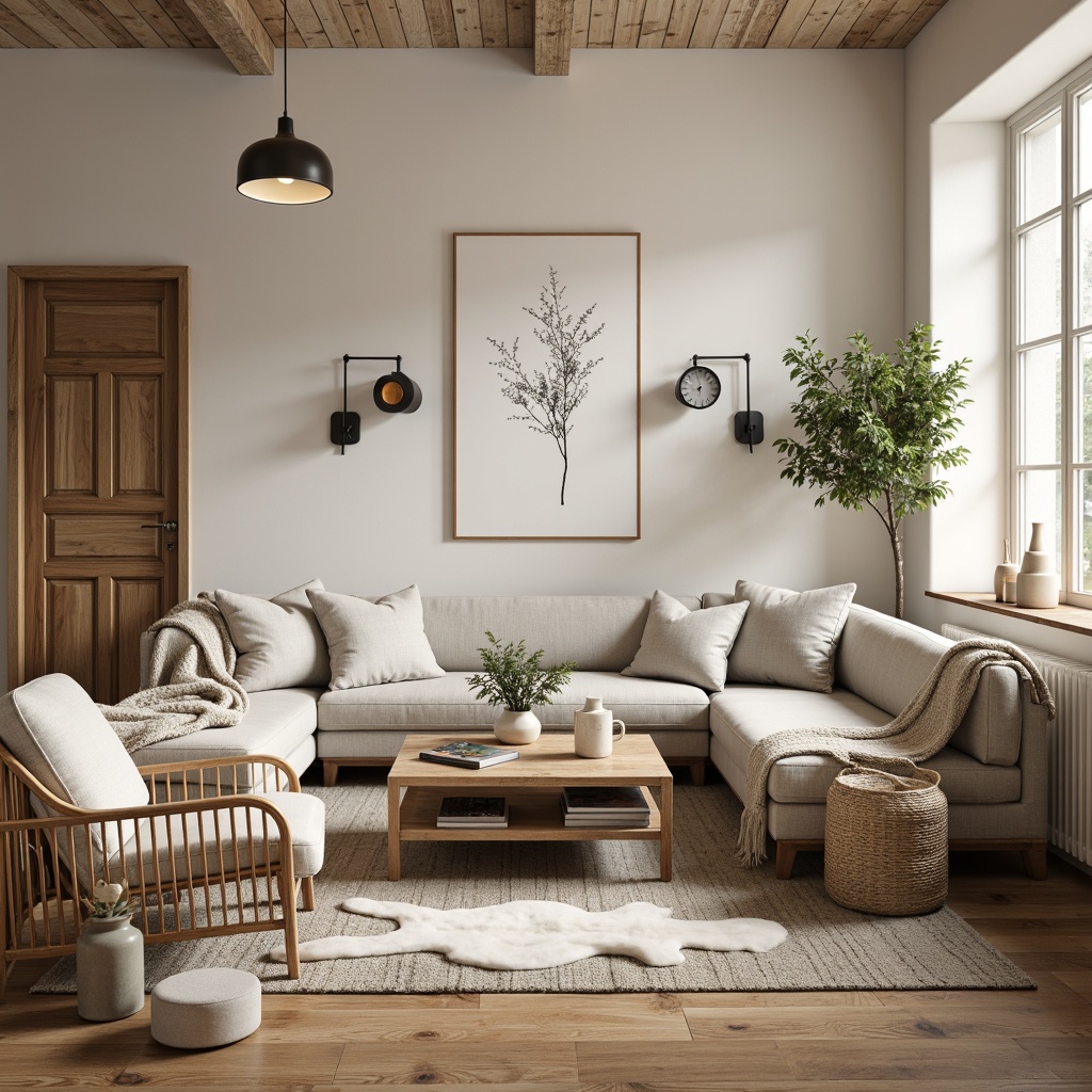 Prompt: Cozy Nordic living room, natural wood accents, woven wicker furniture, plush throw blankets, soft sheepskin rugs, textured linen upholstery, minimalist decor, industrial metal lighting, creamy white walls, warm beige tones, organic botanical patterns, ambient candlelight, shallow depth of field, 1/2 composition, realistic textures, atmospheric misting.