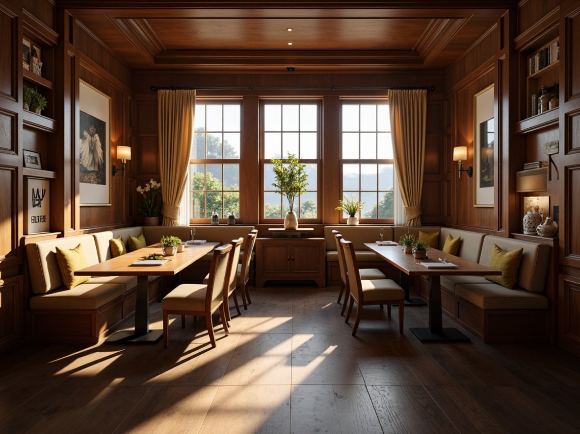 Prompt: Cozy breakfast nook, wooden tables, plush cushions, comfortable seating arrangement, warm lighting, rich wood tones, classic academic style, elegant furniture, refined decor, subtle color palette, soft morning sunlight, gentle shadows, 1/1 composition, shallow depth of field, realistic textures, ambient occlusion.