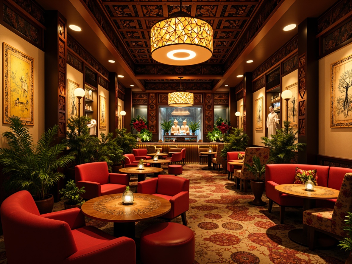 Prompt: Vibrant Asian-style bar interior, warm golden lighting, soft lanterns, pendant lamps, subtle LED lights, rich wood accents, ornate carvings, luxurious fabrics, bold color schemes, intricate patterns, Buddha statues, tropical plants, natural stone walls, bamboo-inspired decorations, cozy nooks, intimate seating areas, dramatic ceiling fixtures, ambient glow, high-contrast lighting, 1/2 composition, shallow depth of field, warm color temperature.