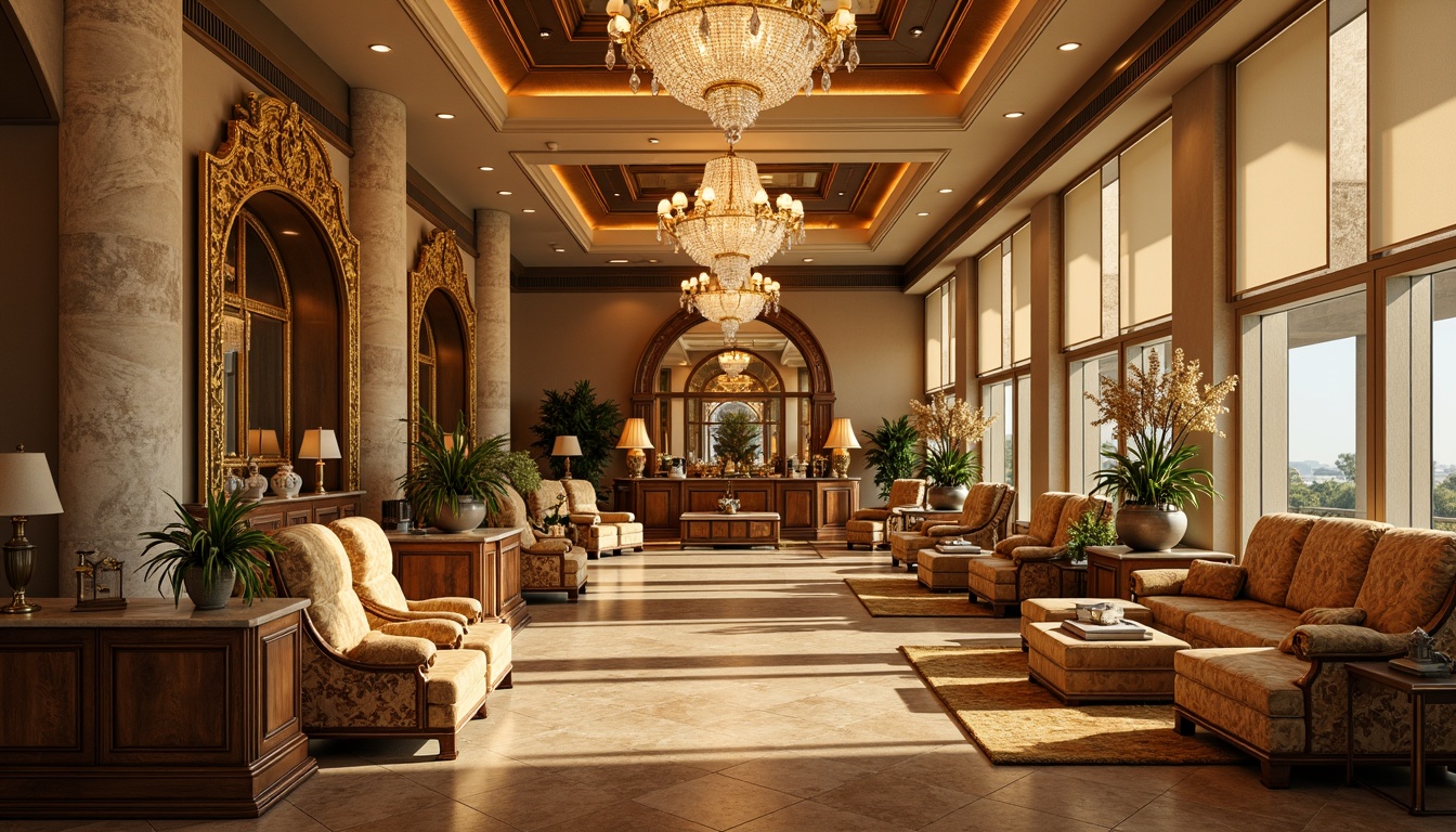 Prompt: Luxurious airport lounge, richly ornate Baroque-style furniture, intricately carved wooden chairs, plush velvet sofas, gilded metal accents, crystal chandeliers, ornate mirrors, lavish marble countertops, grandiose stone columns, opulent golden lighting, warm beige tones, soft ambient glow, shallow depth of field, 1/1 composition, symmetrical arrangement, highly detailed textures, realistic reflections.