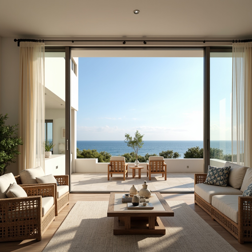 Prompt: Coastal living room, large windows, sliding glass doors, beachy vibes, soft natural light, warm sunny day, reflective ocean views, calming color palette, creamy whites, blues and sandy neutrals, woven rattan furniture, driftwood accents, sea-inspired decorative items, shell-shaped vases, coral-patterned throw pillows, ocean-breeze textiles, sheer curtains, minimalist design, airy feel, shallow depth of field, 1/1 composition, warm soft lighting.