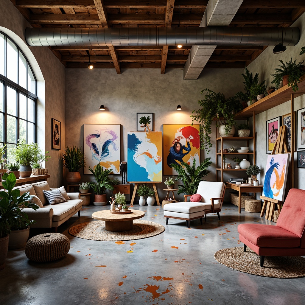 Prompt: Vibrant art studio, eclectic furniture, bold brushstrokes, abstract canvases, artistic easels, paint-splattered floors, natural wood accents, industrial metal beams, reclaimed wood shelves, modern track lighting, warm ambient glow, shallow depth of field, 1/1 composition, realistic textures, subtle color grading.