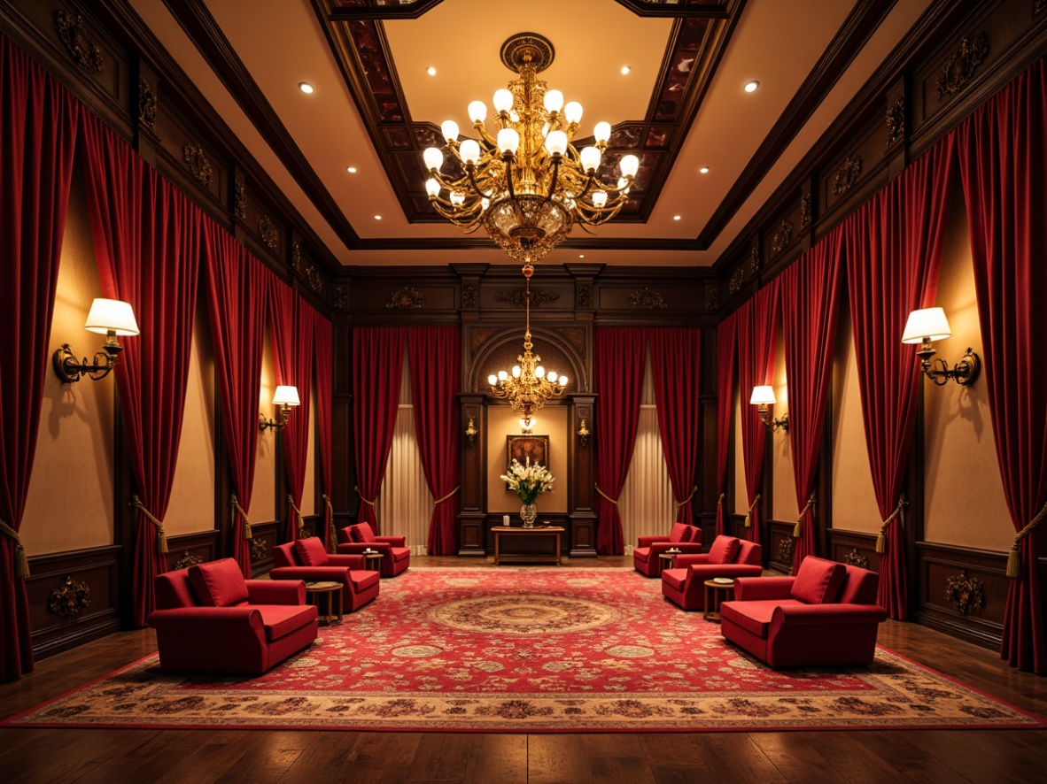 Prompt: Luxurious velvet curtains, rich mahogany wood tones, warm golden lighting, ornate architectural details, grand chandeliers, plush red seating, intricate patterned rugs, opulent drapery, dramatic spotlights, high-contrast color scheme, bold red accents, elegant cream walls, sophisticated dark wood trim, lavish gold decorations, intimate ambiance, cinematic atmosphere.