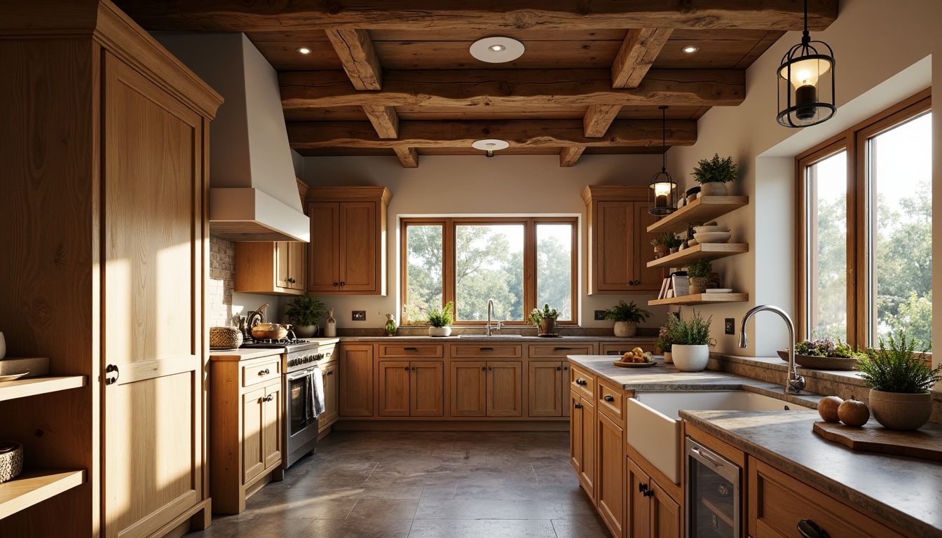 Prompt: Warm kitchen ambiance, rustic wooden cabinets, earthy stone countertops, pendant lanterns, warm white lighting, soft shadows, cozy breakfast nook, farmhouse sink, vintage metal fixtures, distressed finishes, natural materials, exposed beams, creamy color palette, subtle texture variations, shallow depth of field, 2/3 composition, inviting atmosphere, realistic wood grains, ambient occlusion.